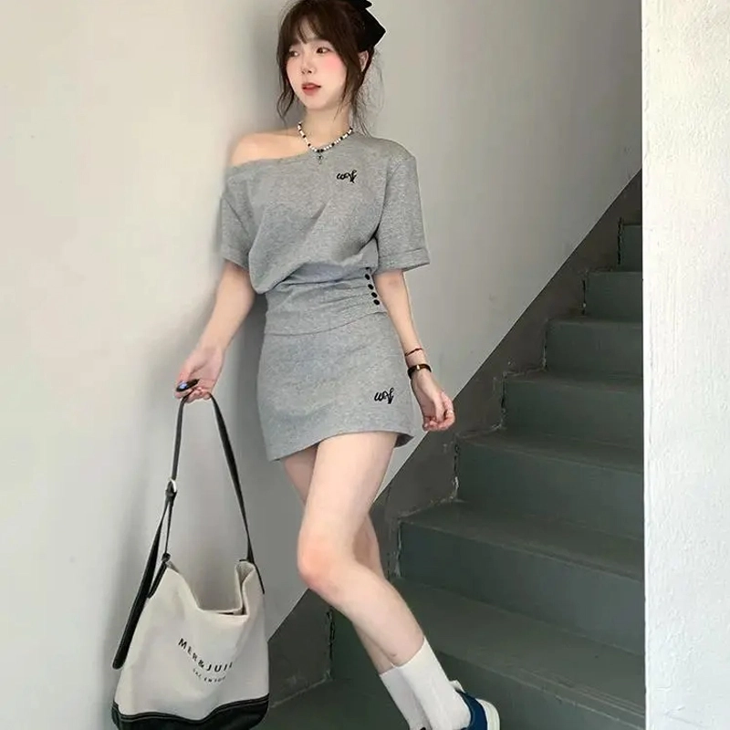 轻迎 舒适休闲简约短袖上衣纯色百搭半身裙裙装套装 女款 灰色