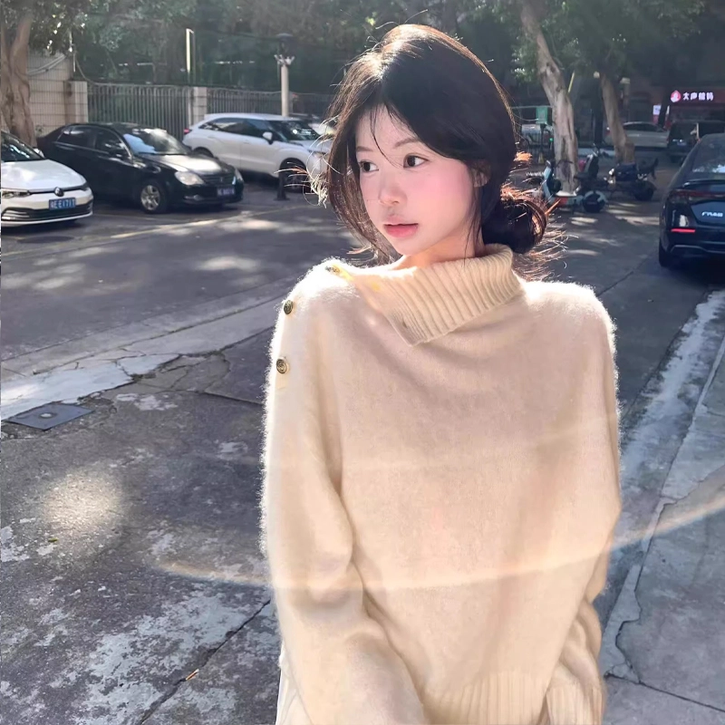 轻迎 韩系复古设计感不规则半高领纯色长袖套头宽松外套针织衫 女款