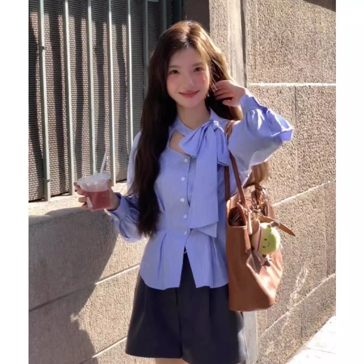 轻迎 蝴蝶结条纹常规长袖法式短款衬衣内搭上衣衬衫 女款