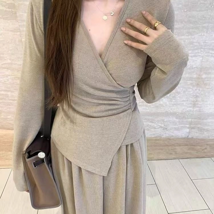 轻迎 法式小众设计感不规则绑带上衣阔腿裤休闲套装 女款