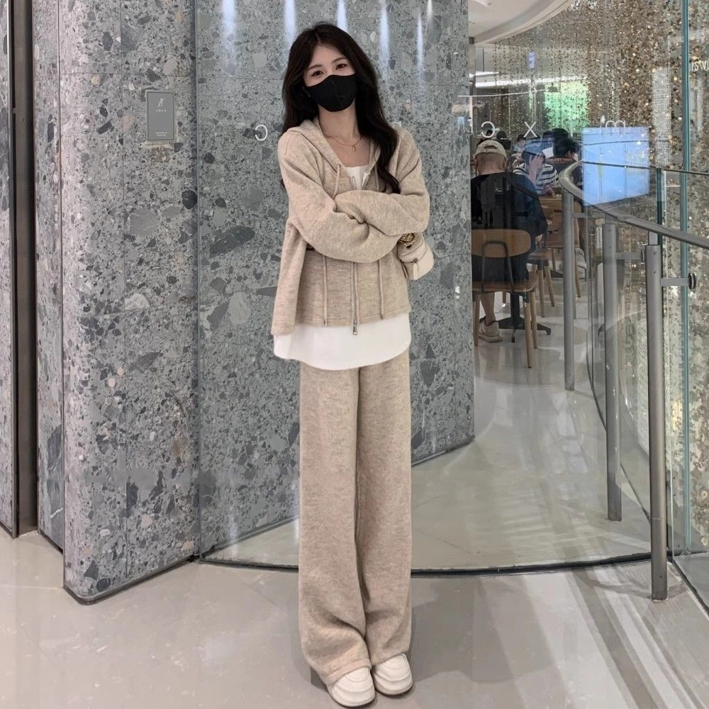轻迎 时尚假两件连帽卫衣宽松阔腿裤两件套休闲套装 女款