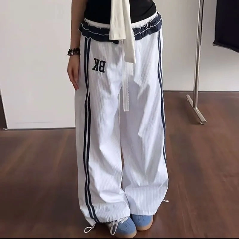 轻迎 美式复古条纹裙嘻哈街头字母百搭阔腿休闲裤 女款