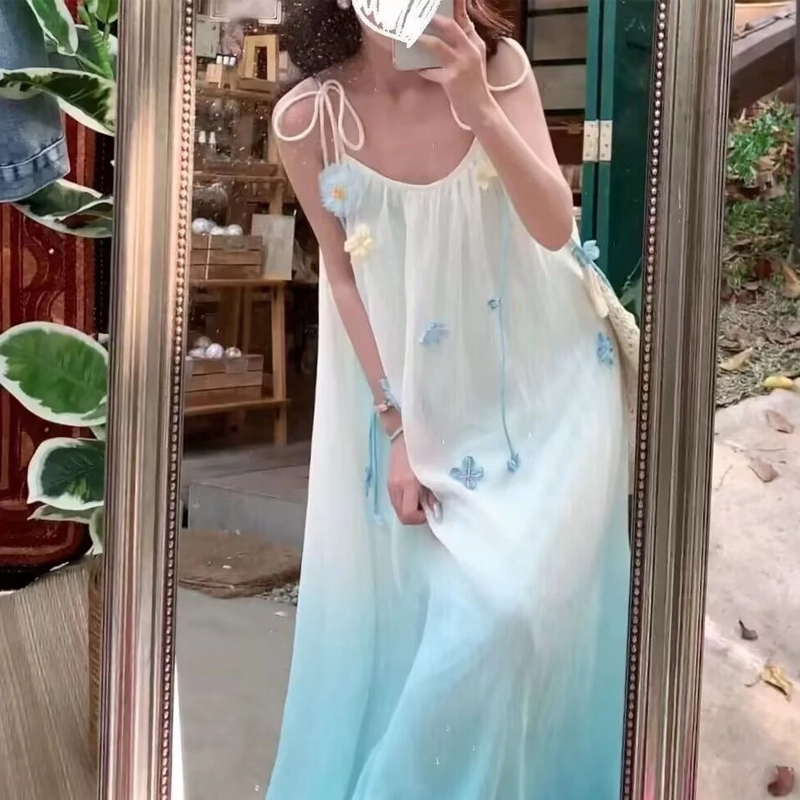 轻迎 法式海边度假仙气花朵气质吊带连衣裙 女款