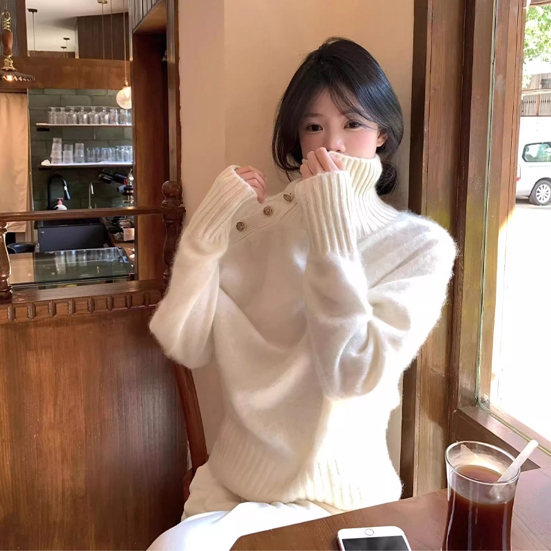 轻迎 韩系复古设计感不规则半高领纯色长袖套头宽松外套针织衫 女款
