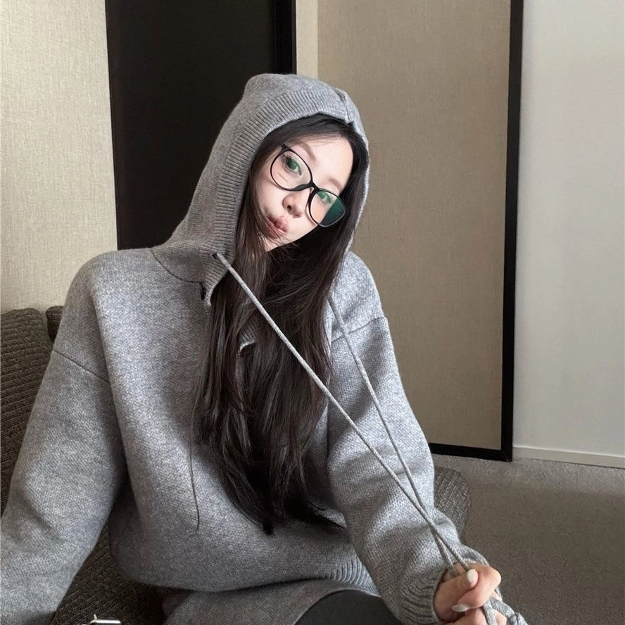 轻迎 慵懒风连帽长袖套头毛衣穿搭针织半身裙两件套休闲套装 女款