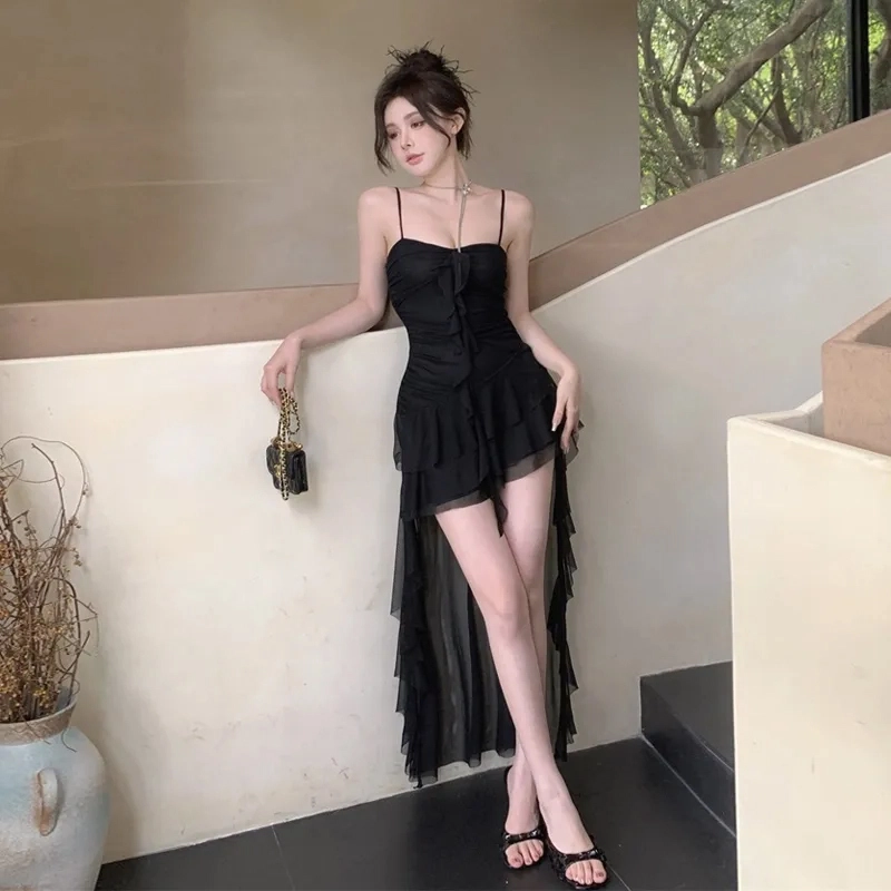轻迎 法式网纱荷叶边拖尾性感修身不规则长裙吊带连衣裙 女款