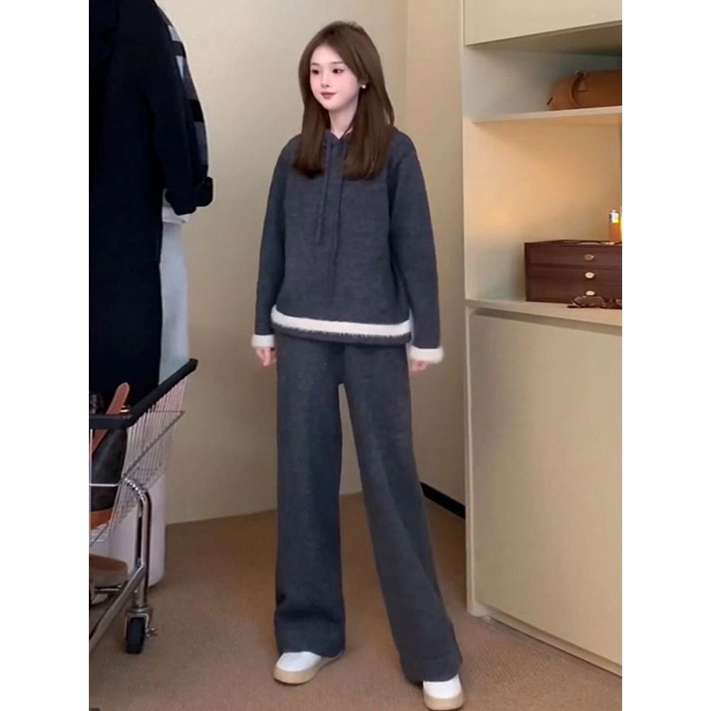 轻迎 小个子气质穿搭舒适百搭针织通勤上衣长裤休闲套装 女款