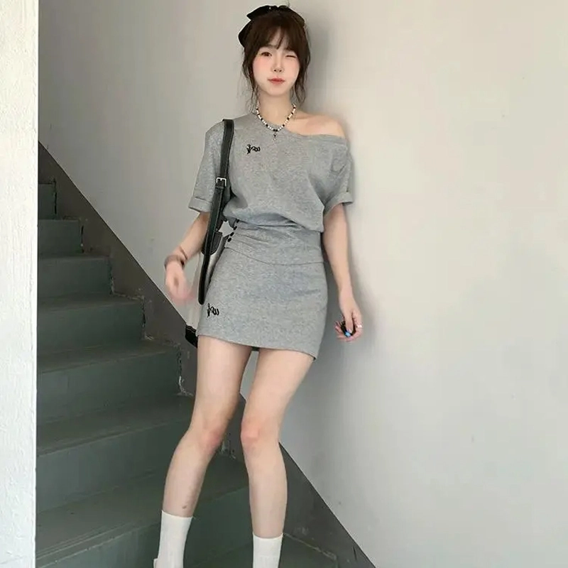 轻迎 舒适休闲简约短袖上衣纯色百搭半身裙裙装套装 女款 灰色
