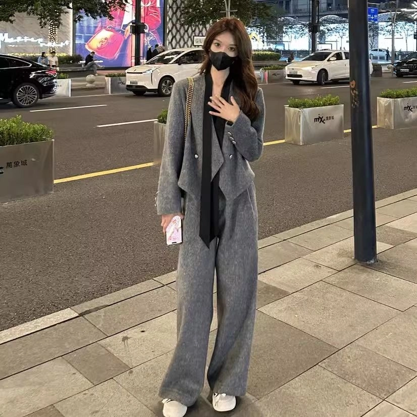 轻迎 时尚飘带高级西装外套筒裤休闲套装 女款
