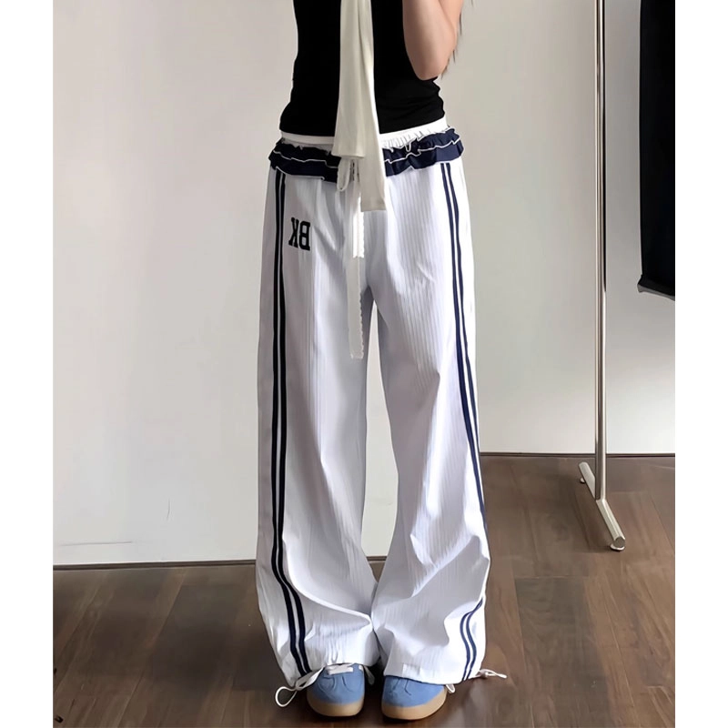 轻迎 美式复古条纹裙嘻哈街头字母百搭阔腿休闲裤 女款