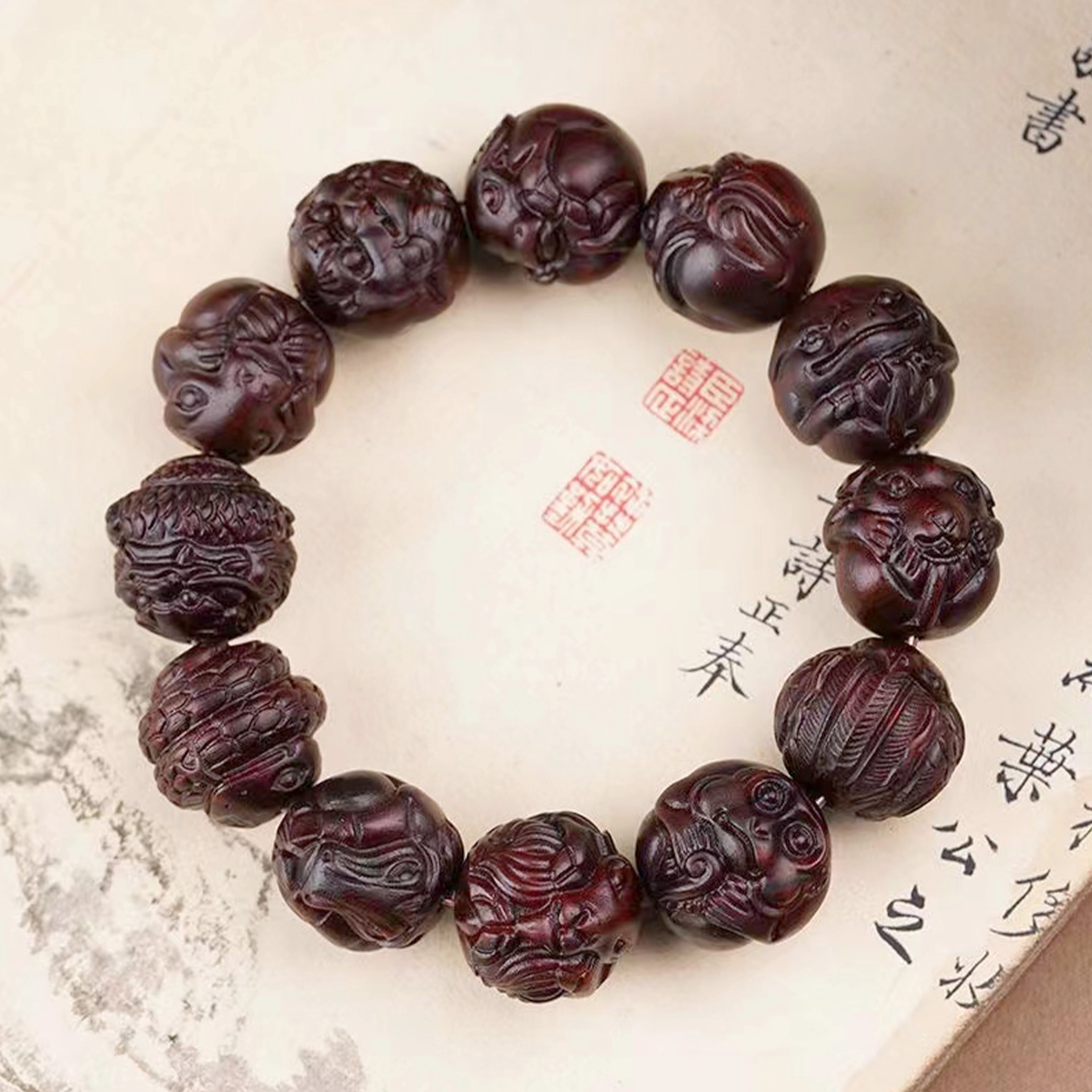 檀欣 新中式收藏级本命年招财纳福转运珠盘玩 国潮设计感 湘工满雕刻十二年生肖大颗佛珠 木质檀香 木作手串 男款 紫檀属 礼盒装
