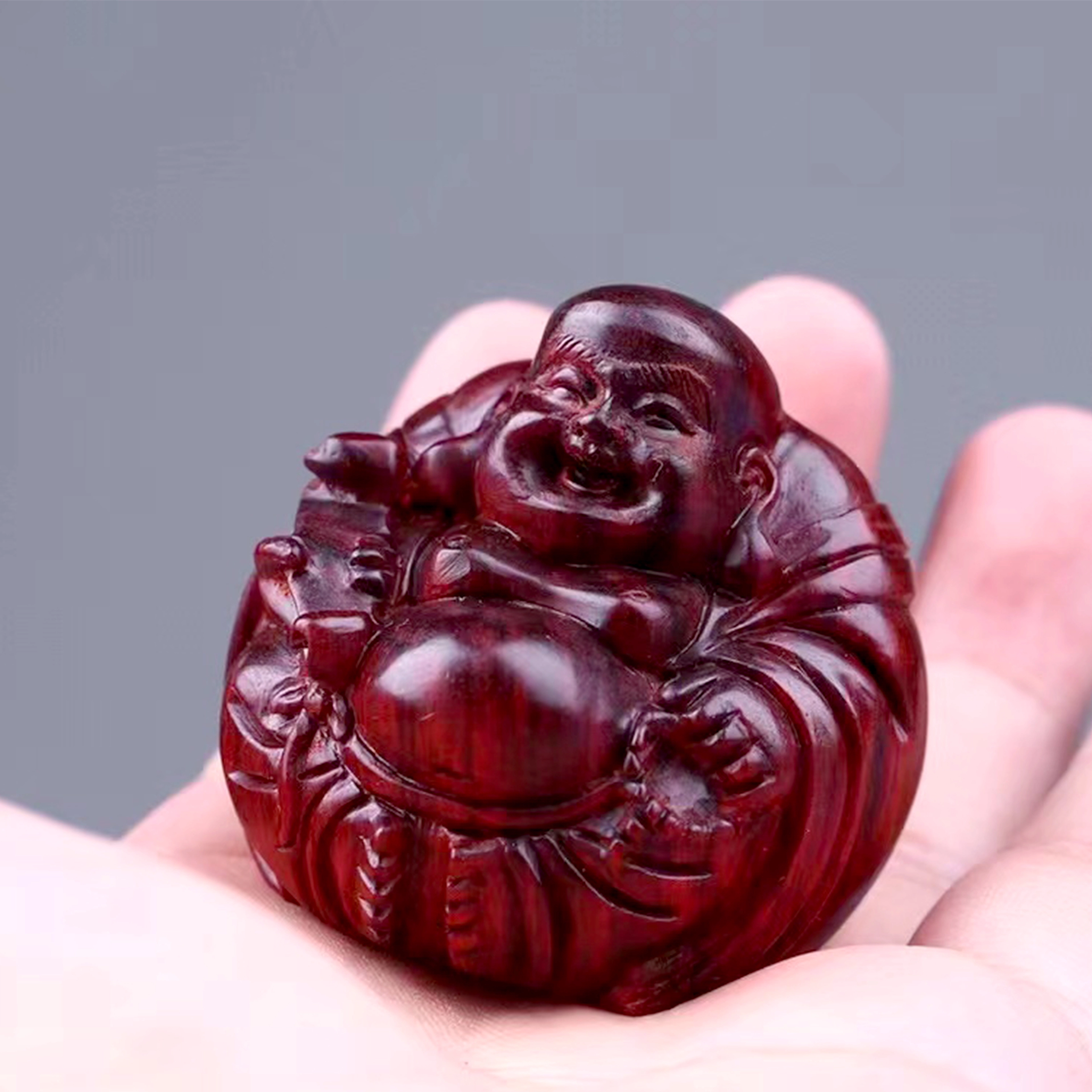 檀欣 本命年纯手工精雕刻弥勒佛大肚笑佛招财纳福手把件高档家居红木工艺品装饰品 木质檀香 木作把件 男女同款情侣款 紫檀 礼盒装