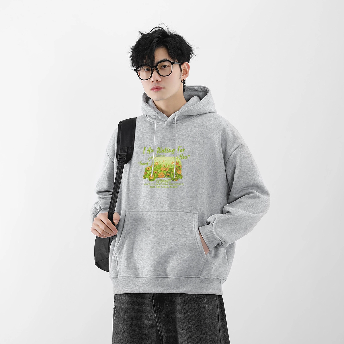 海底小纵队 美式高街复古油画创意花卉个性字母印花简约基础款重磅舒适百搭宽松休闲时尚高级感套头落肩校园风长袖卫衣 男女同款