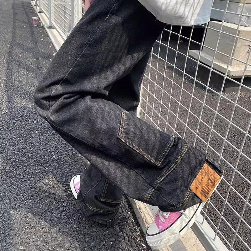 悍戈 美式复古嘻哈潮流高街风口袋废土阔腿拉链微喇百搭休闲裤牛仔裤 男女同款