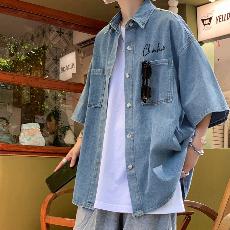 周同学 周杰伦美式经典复古休闲字母印花街头潮牌纽扣落肩翻领宽松短袖衬衫 男女同款
