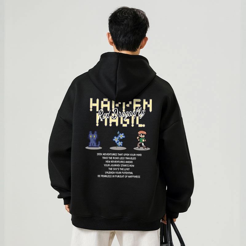红蜻蜓 美式复古经典学院风品牌卡通创意图案设计印花宽松休闲纯色重磅通勤百搭舒适亲肤透气运动连帽套头卫衣 男女同款