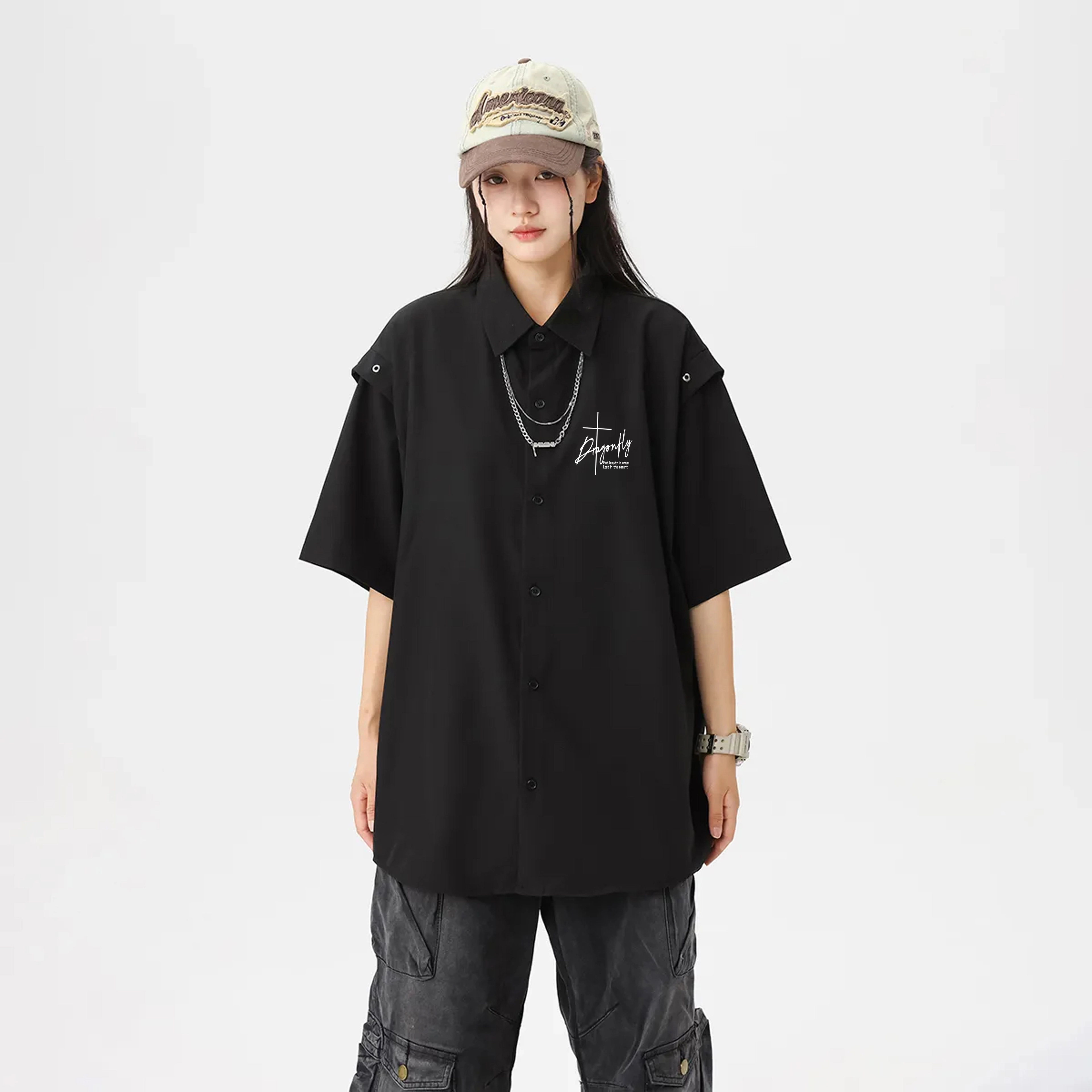 红蜻蜓 美式复古设计感高级宽松舒适百搭日常通勤潮流时尚简约直筒短袖衬衫 男女同款