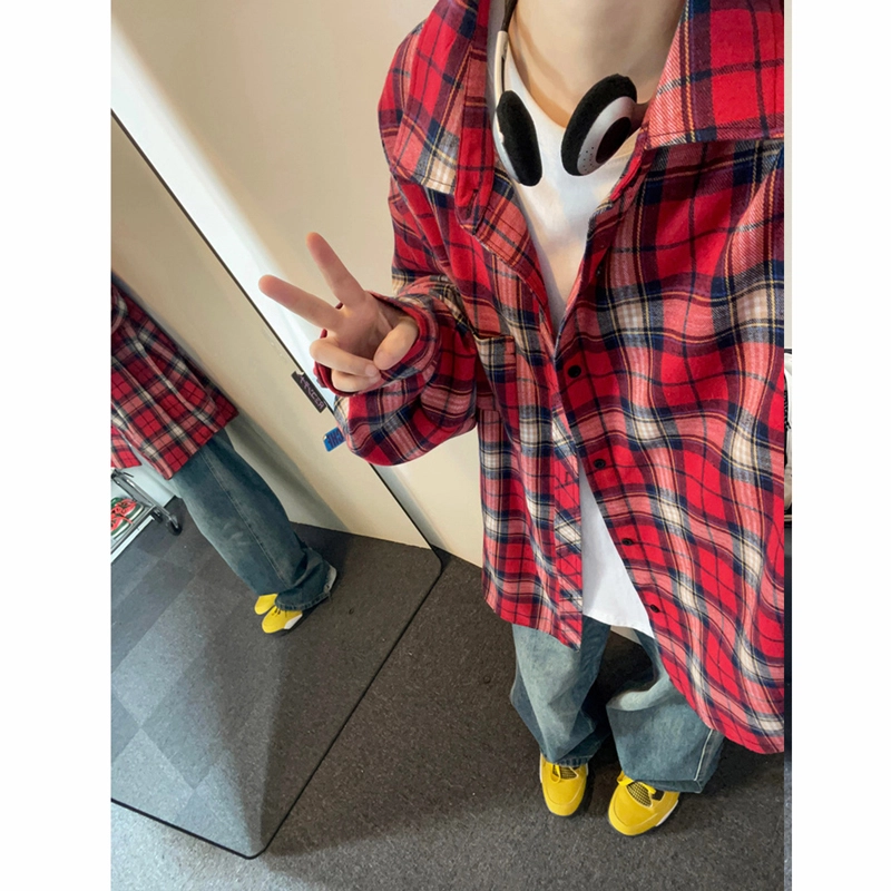 红蜻蜓 美式复古简约高级感格子条纹设计时尚百搭宽松翻领单排扣痞帅长袖衬衫 男女同款
