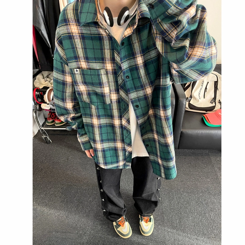 红蜻蜓 美式复古简约高级感格子条纹设计时尚百搭宽松翻领单排扣痞帅长袖衬衫 男女同款
