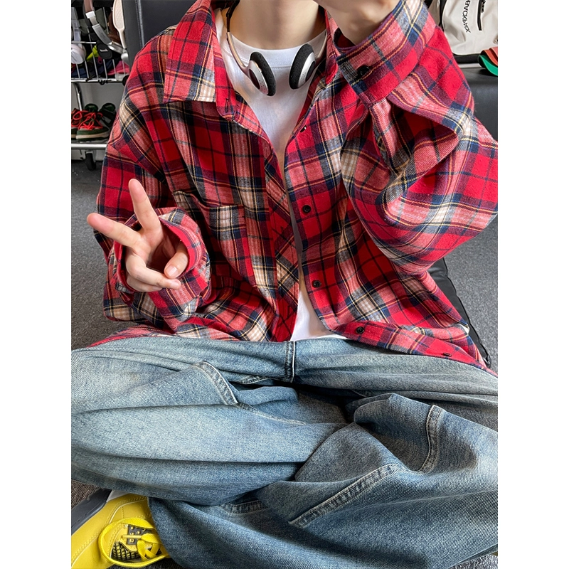 红蜻蜓 美式复古简约高级感格子条纹设计时尚百搭宽松翻领单排扣痞帅长袖衬衫 男女同款