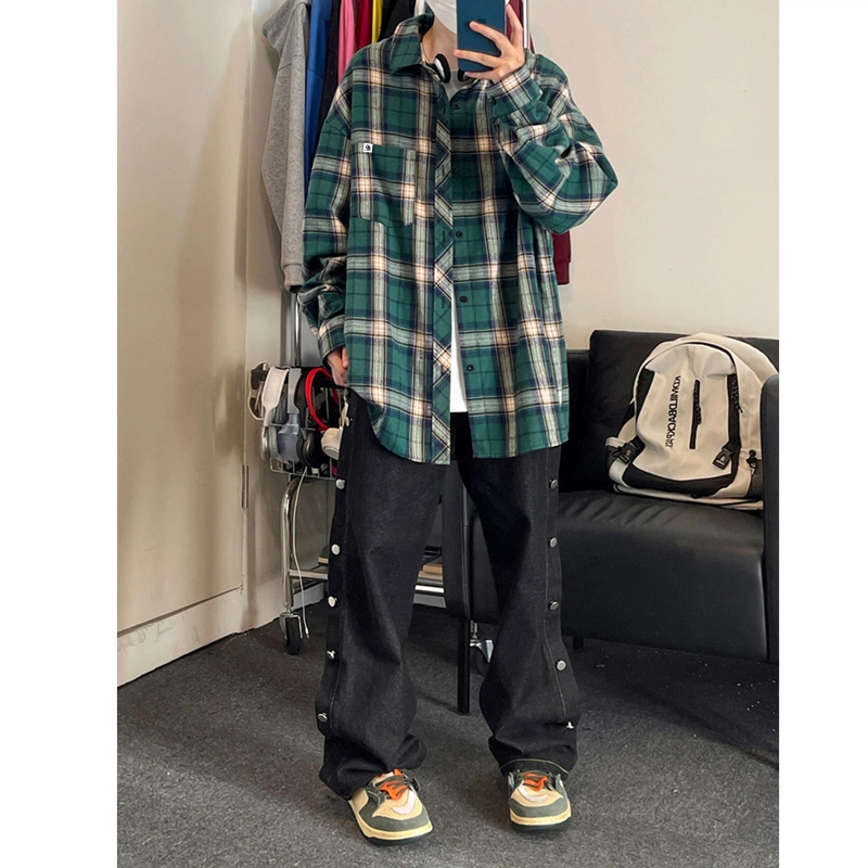 红蜻蜓 美式复古简约高级感格子条纹设计时尚百搭宽松翻领单排扣痞帅长袖衬衫 男女同款