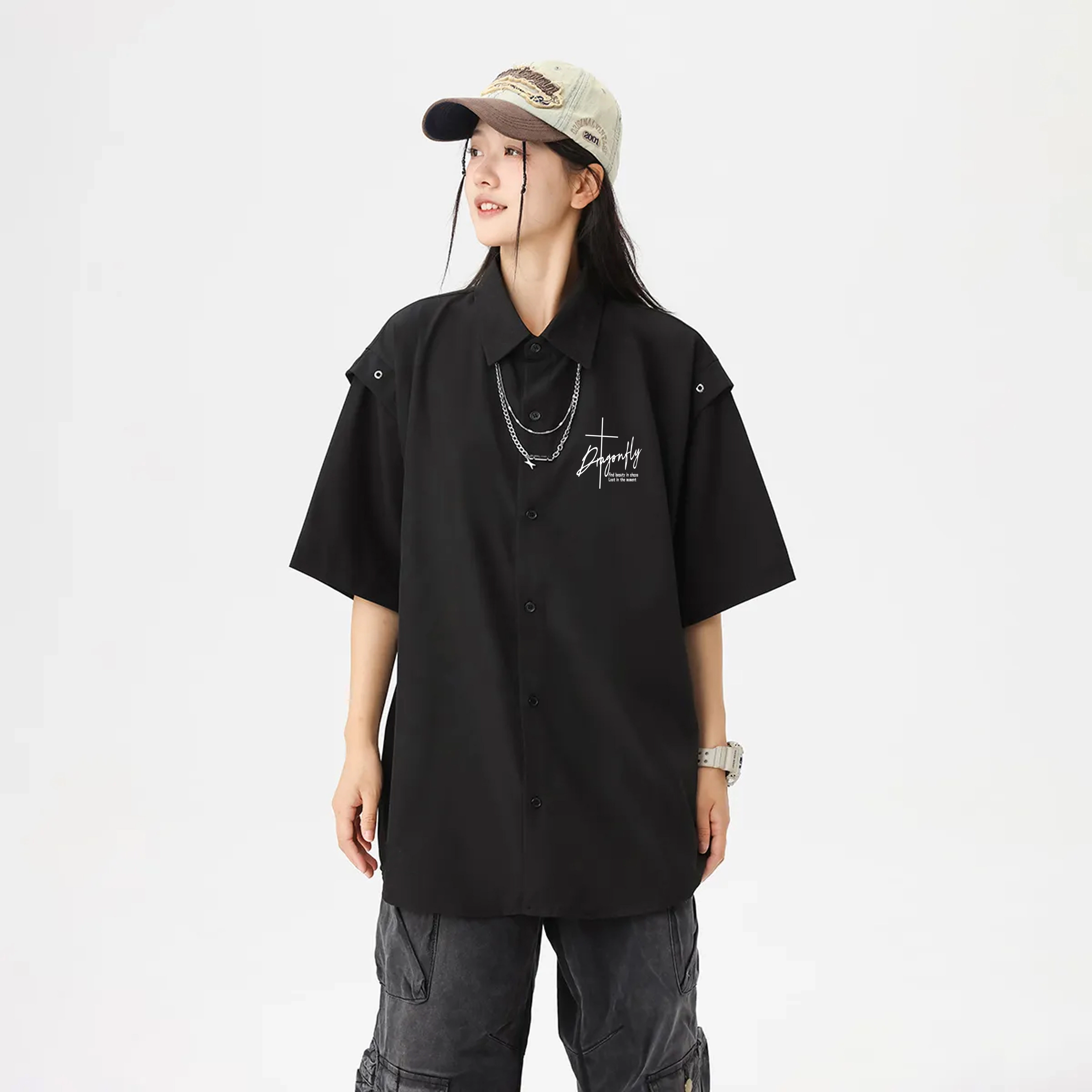 红蜻蜓 美式复古设计感高级宽松舒适百搭日常通勤潮流时尚简约直筒短袖衬衫 男女同款