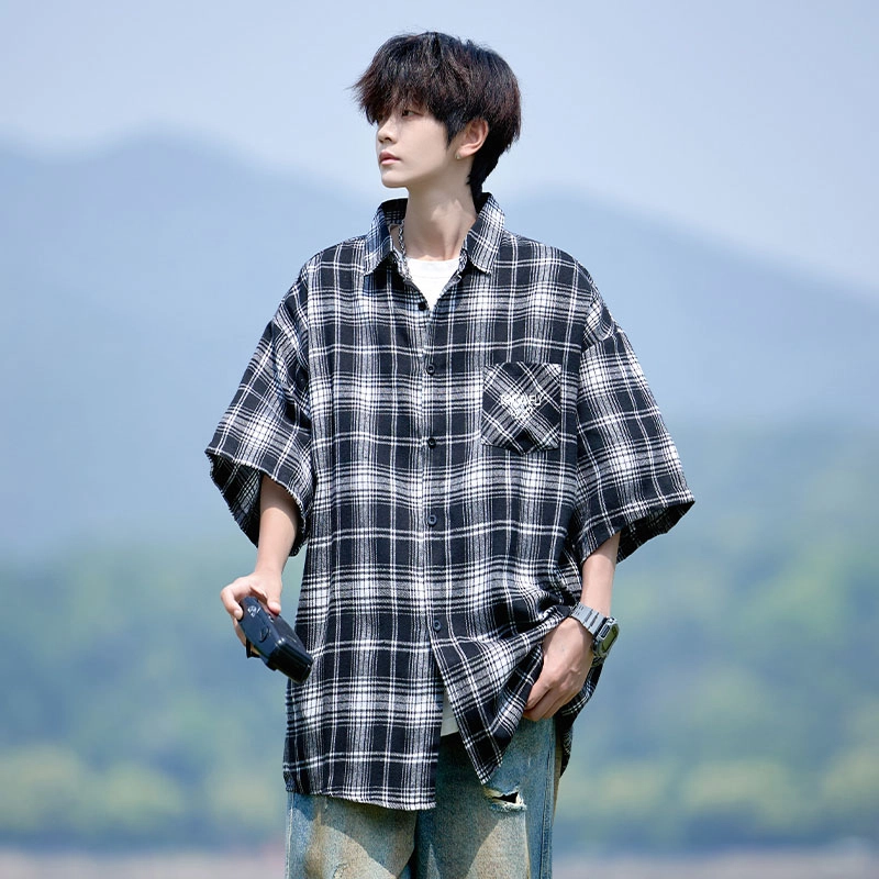 红蜻蜓 美式复古高街宽松薄款男生穿搭格子上衣翻领短袖衬衫 男女同款