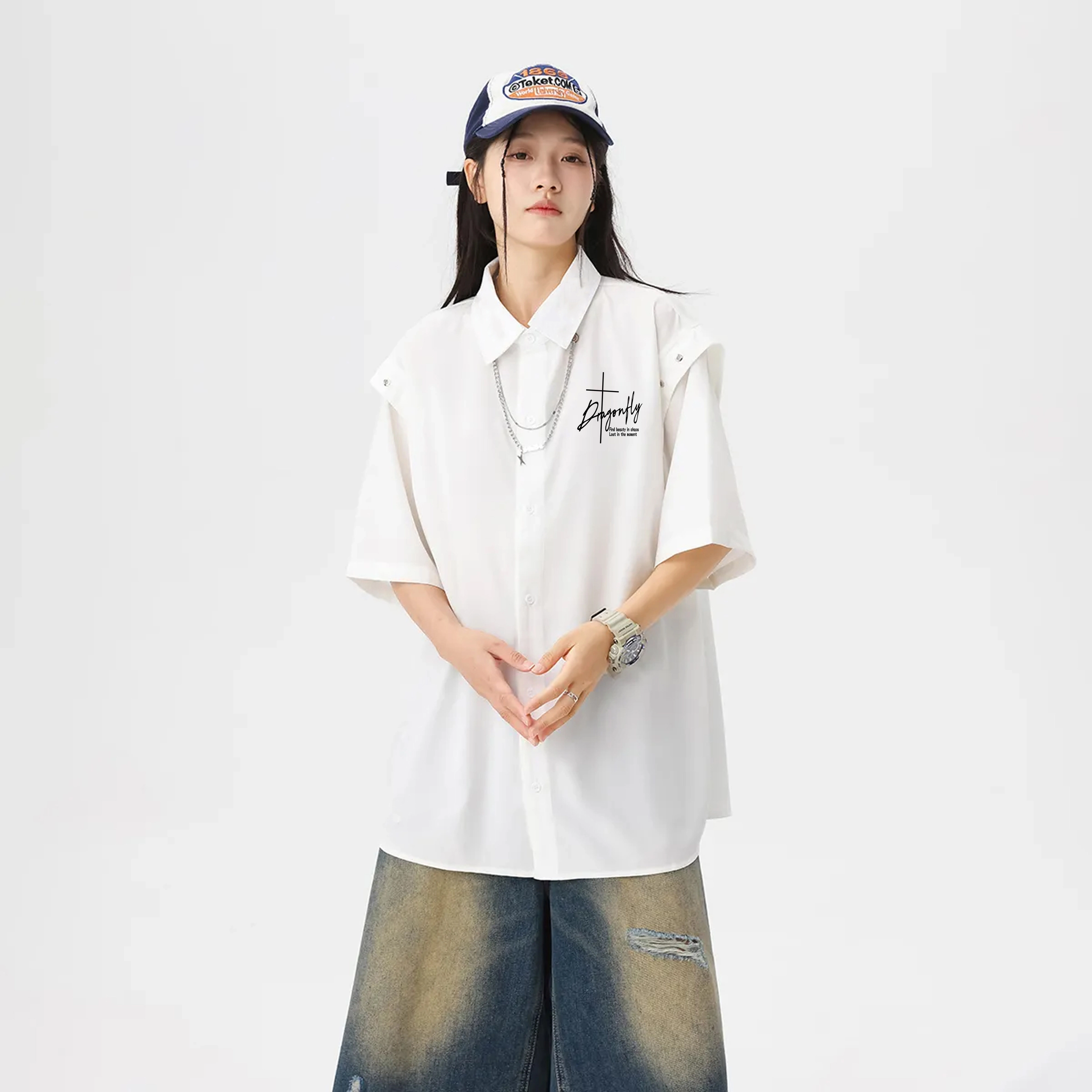 红蜻蜓 美式复古街头潮流项链百搭宽松休闲冰丝凉感透气显瘦痞帅短袖衬衫 男女同款