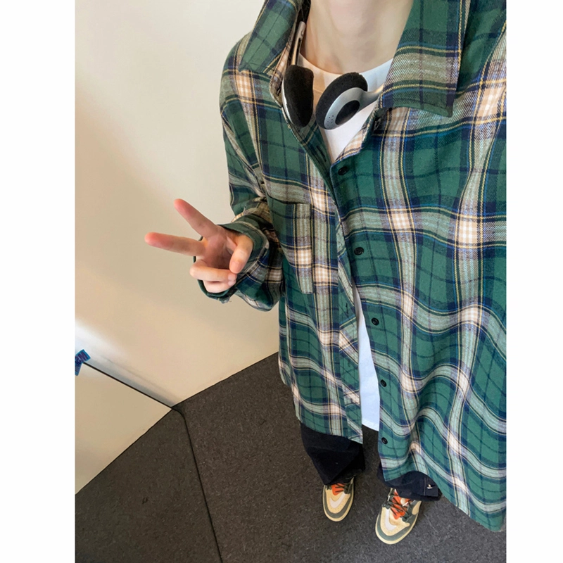 红蜻蜓 美式复古简约高级感格子条纹设计时尚百搭宽松翻领单排扣痞帅长袖衬衫 男女同款