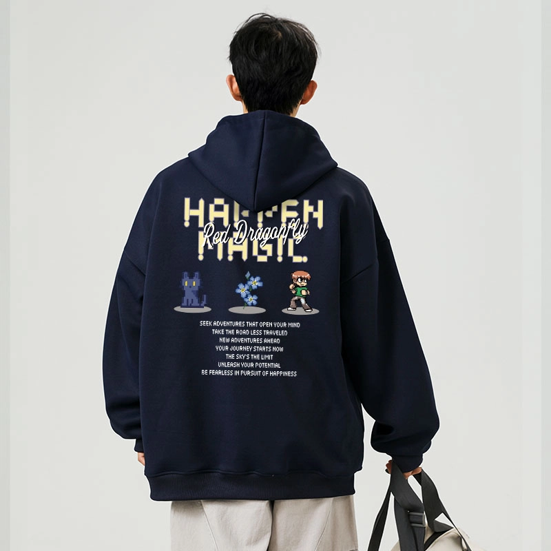 红蜻蜓 美式复古经典学院风品牌卡通创意图案设计印花宽松休闲纯色重磅通勤百搭舒适亲肤透气运动连帽套头卫衣 男女同款