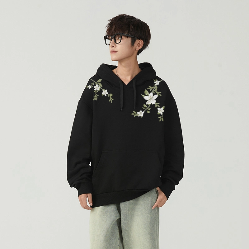红蜻蜓 美式潮流植物花卉设计感仿刺绣高街宽松舒适百搭日常通勤亲肤时尚简约长袖连帽外套卫衣 男女同款