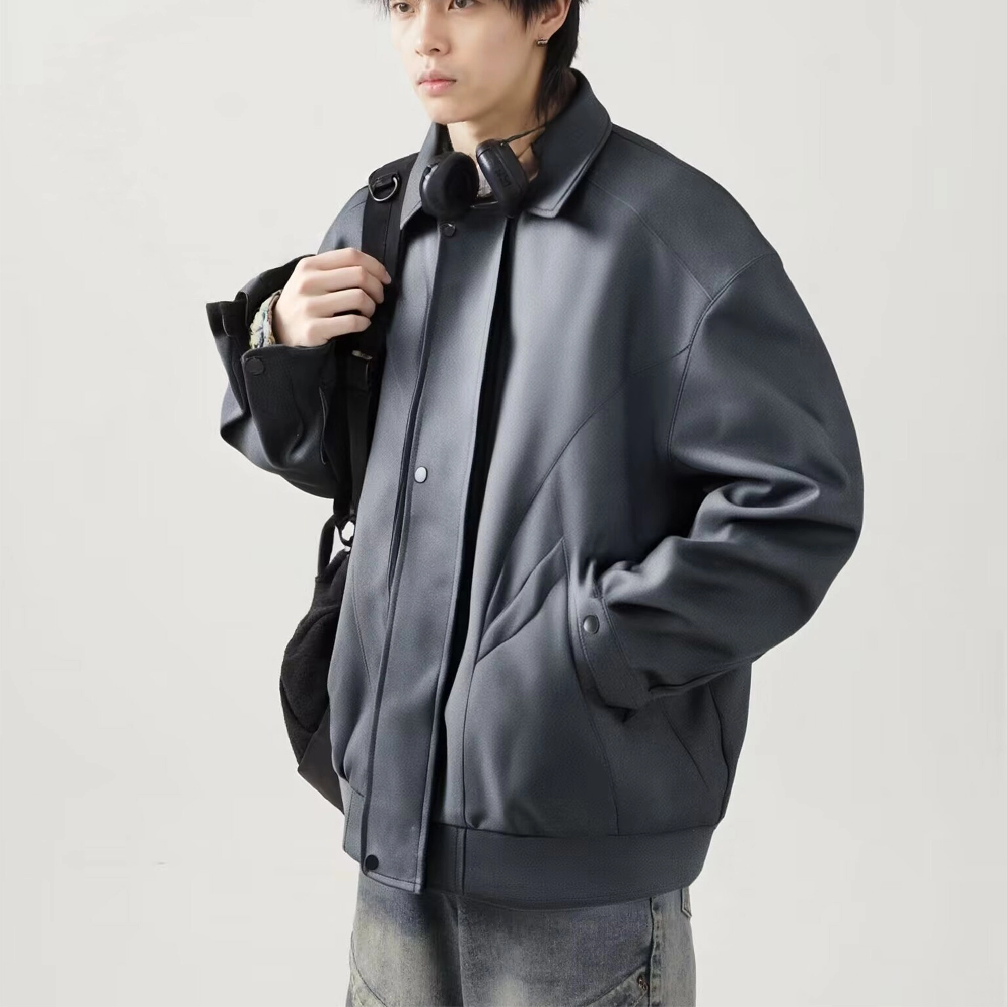 美式复古舒适休闲翻领百搭情侣皮外套棒球服 男女同款