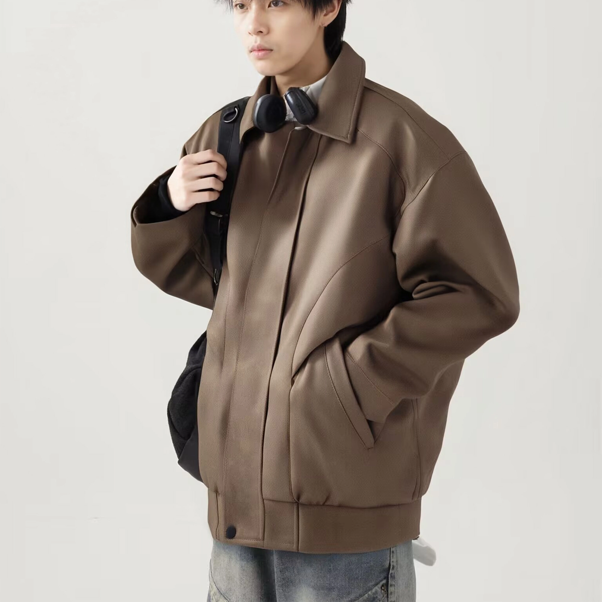 美式复古舒适休闲翻领百搭情侣皮外套棒球服 男女同款