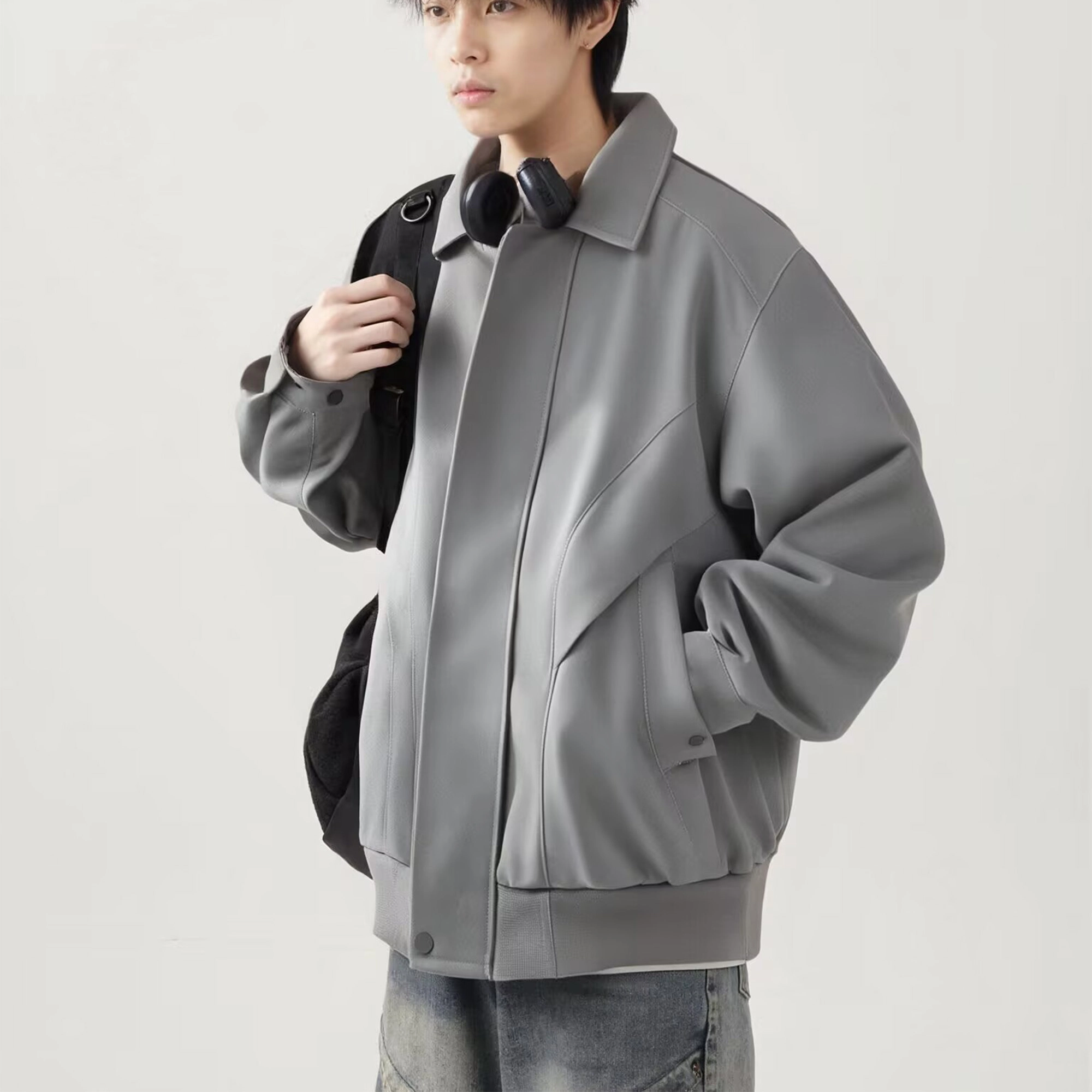 美式复古舒适休闲翻领百搭情侣皮外套棒球服 男女同款