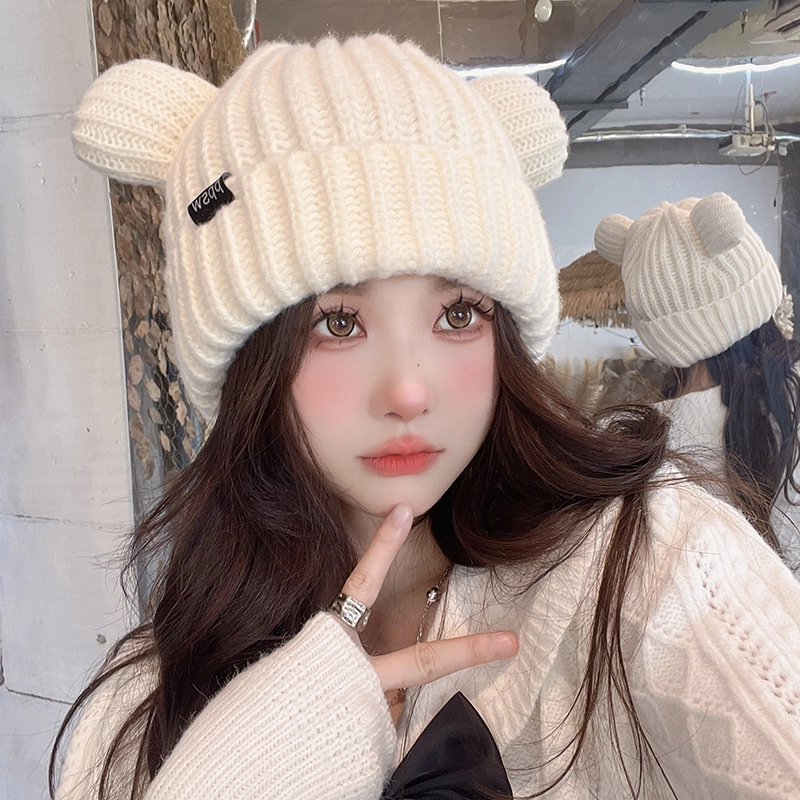 啄木鸟 甜美可爱显脸小猫耳朵针织帽子女生秋冬季韩版百搭可爱加厚保暖护耳冷帽 聚酯纤维 绒线帽 男女同款情侣款