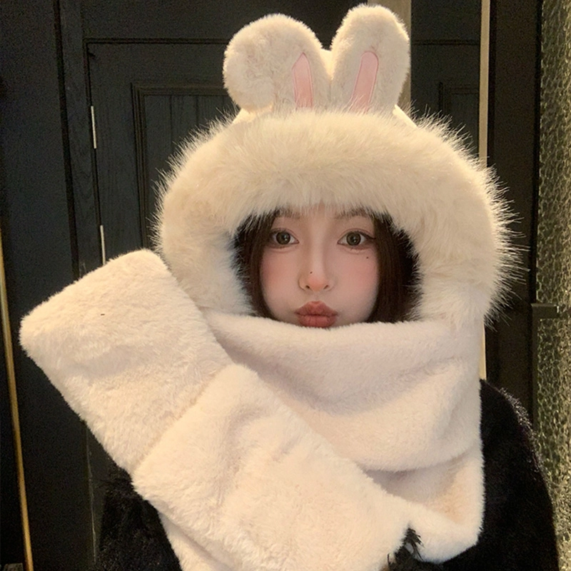 啄木鸟 兔耳朵毛绒帽子 保暖可爱防冻学生护脸颈 聚酯纤维 斗篷帽 女款