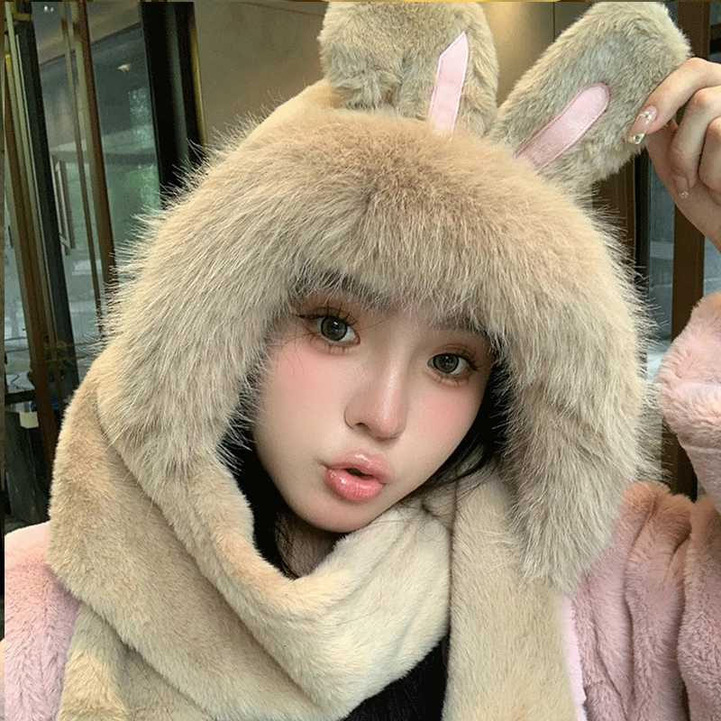 啄木鸟 兔耳朵毛绒帽子 保暖可爱防冻学生护脸颈 聚酯纤维 斗篷帽 女款