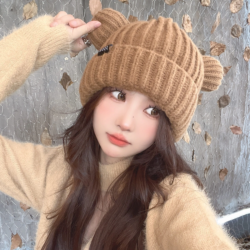 啄木鸟 甜美可爱显脸小猫耳朵针织帽子女生秋冬季韩版百搭可爱加厚保暖护耳冷帽 聚酯纤维 绒线帽 男女同款情侣款