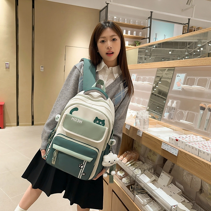 菲姿卓尔 大容量撞色女生背包 尼龙学院风 双肩包初中高中学生 女款