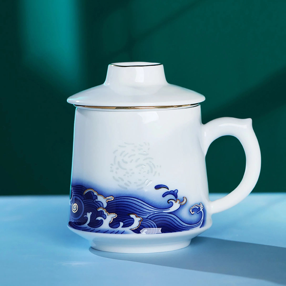 鹏博陶瓷  景德镇陶瓷茶杯过滤杯茶水离带盖家用马克杯青花瓷喝茶杯子办公杯