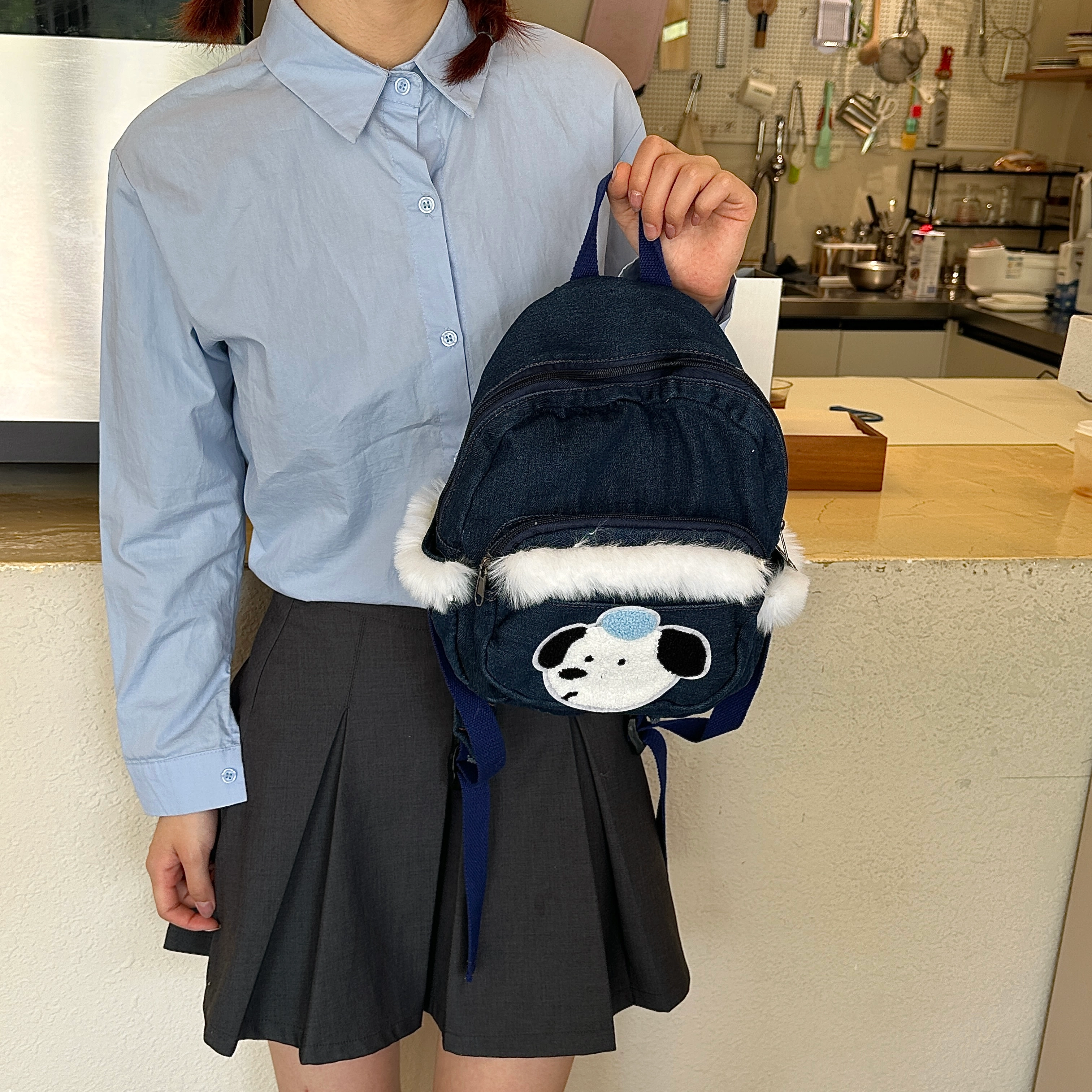 捷朗仕 小众迷你牛仔书包出街狗狗小背包毛毛亚文化 帆布 双肩包 常规 男女同款情侣款 牛仔蓝