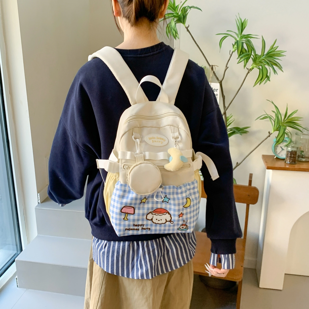 捷朗仕 小众设计个性出游可爱百搭 复合布 双肩包 女款 白色