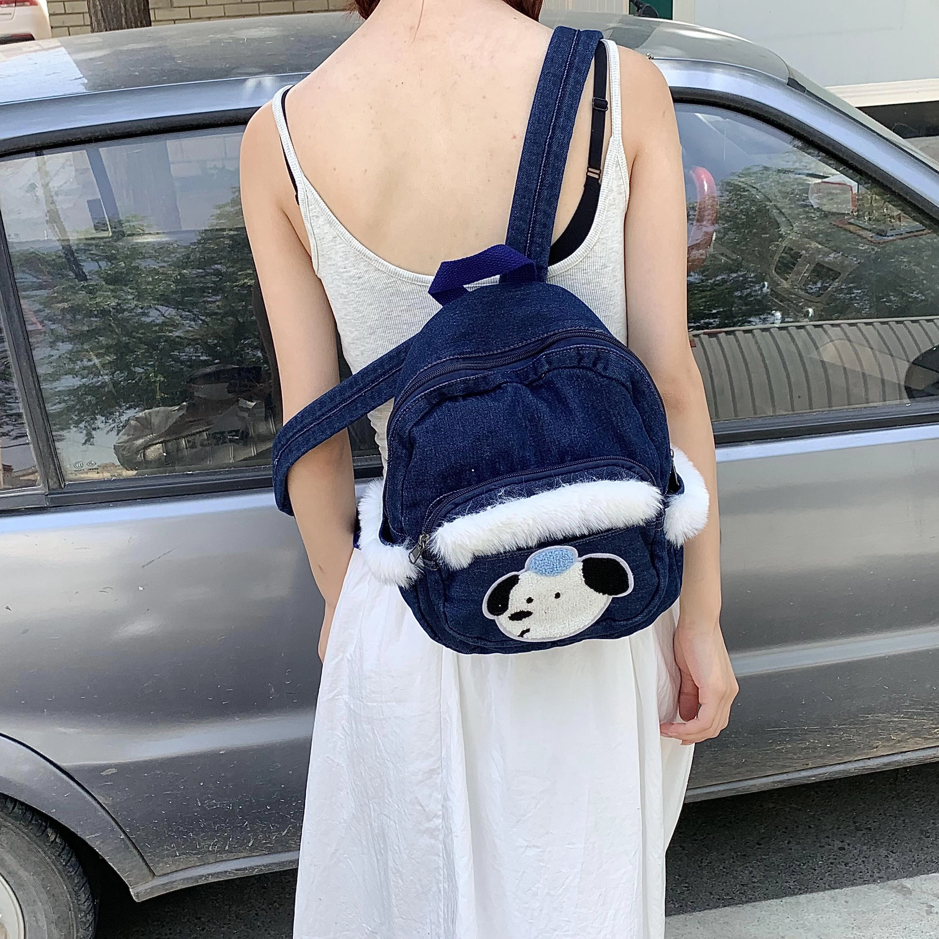 捷朗仕 小众迷你牛仔书包出街狗狗小背包毛毛亚文化 帆布 双肩包 常规 男女同款情侣款 牛仔蓝