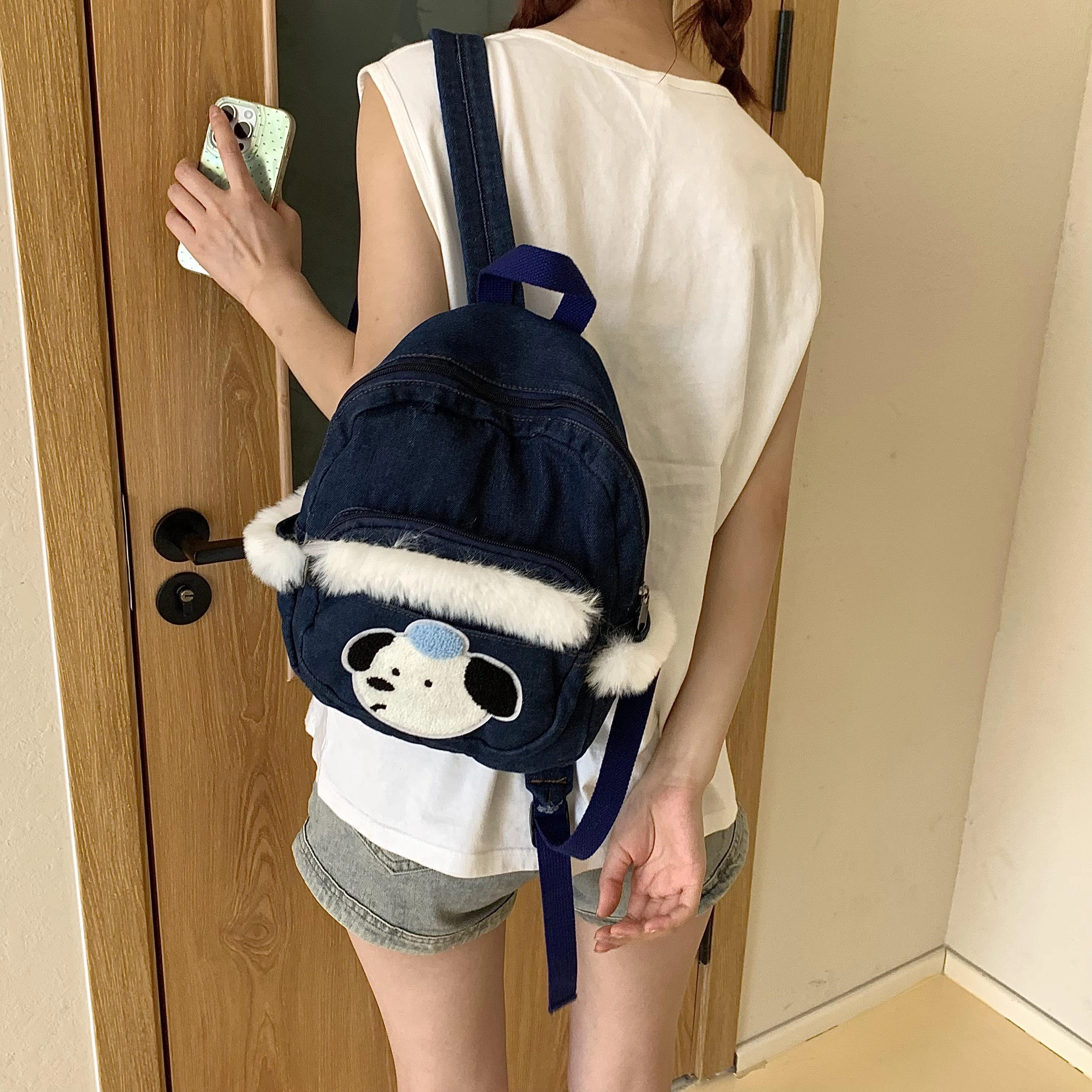 捷朗仕 小众迷你牛仔书包出街狗狗小背包毛毛亚文化 帆布 双肩包 常规 男女同款情侣款 牛仔蓝