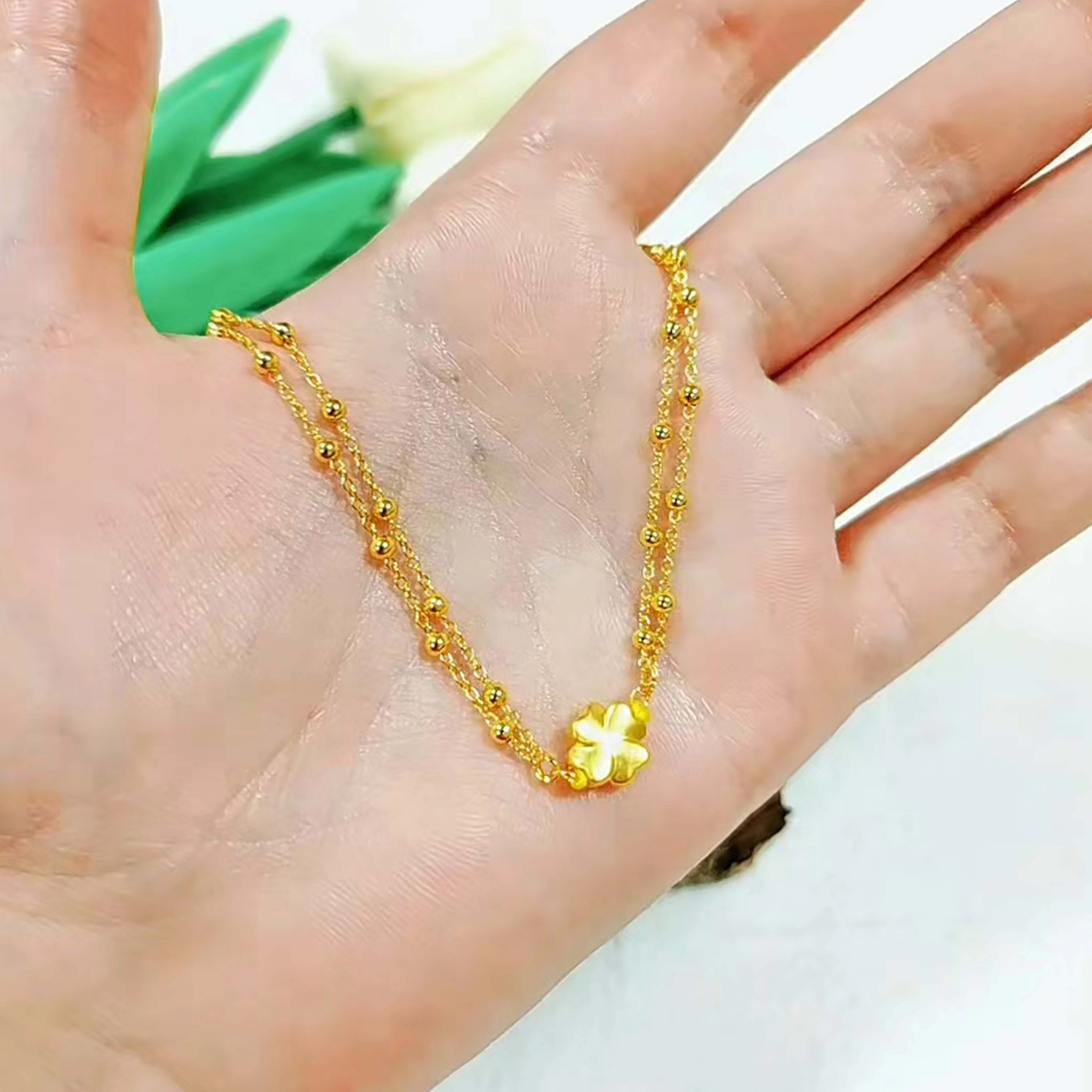 华熹福珠宝 森系小清新风双层四叶草幸运简约百搭高级感设计 足金 一口价 手链 女款