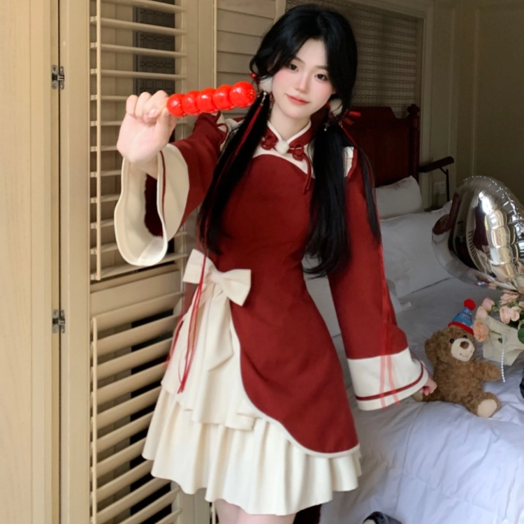 米囹 少女蝴蝶结木耳边新中式 旗袍连衣裙女秋季