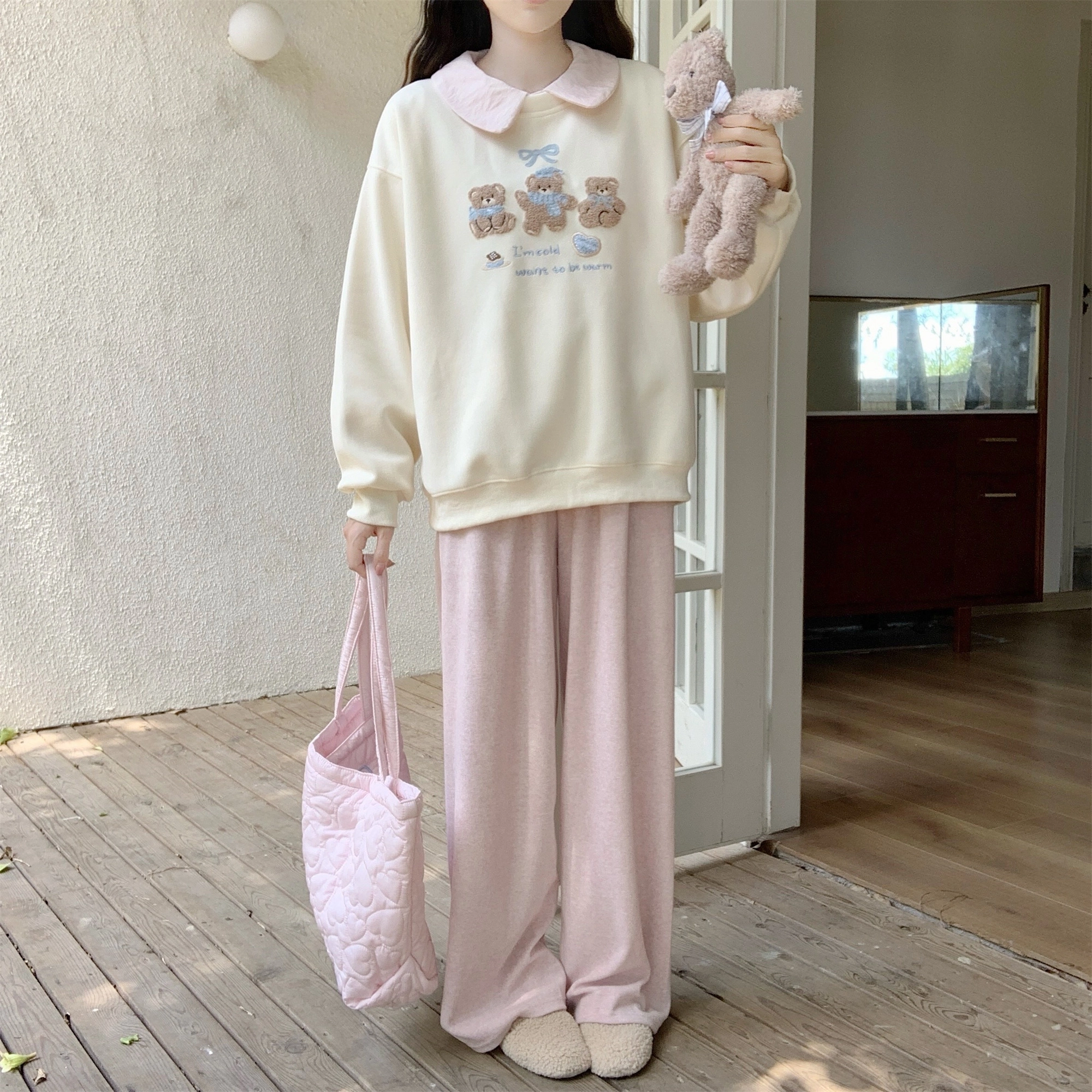 米囹卫衣 奶油色系小熊宽松卡通动漫常规长袖甜美套头 儿童款