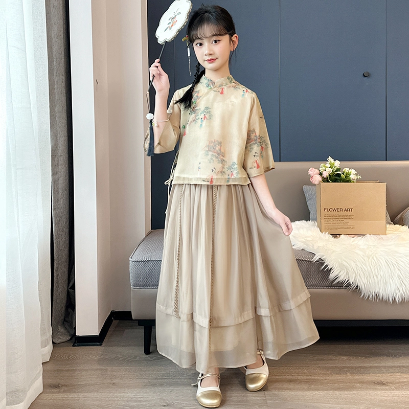 米囹夏季汉服女童套装夏装 女大童新中式国风连衣裙气质长裙子