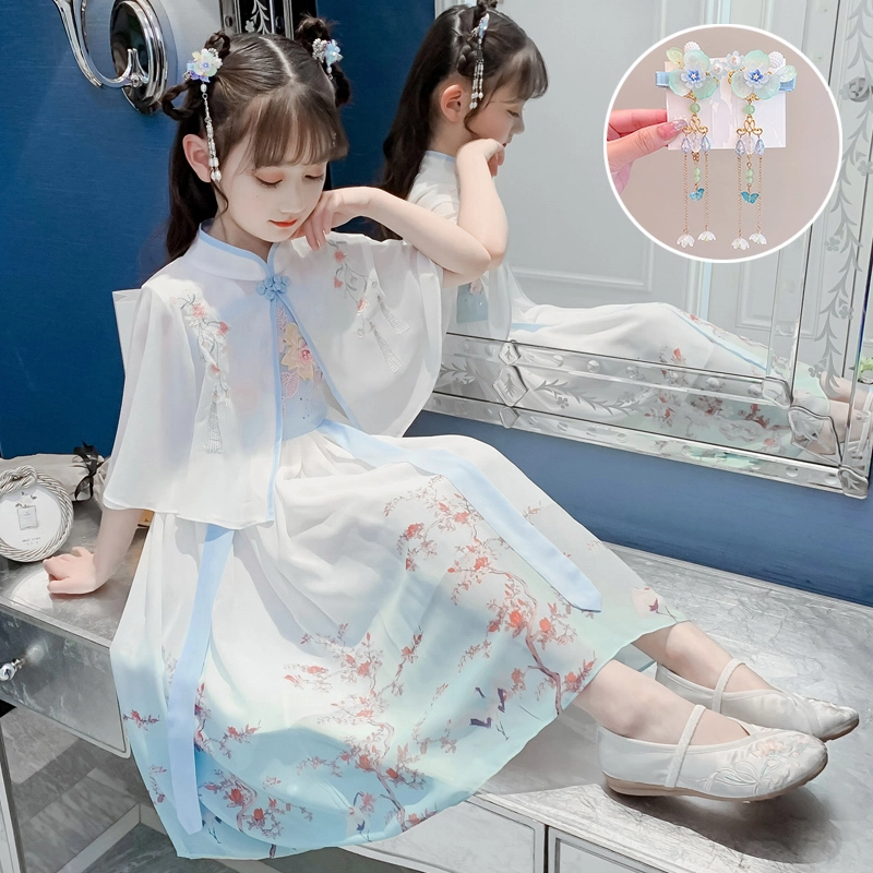 米囹汉服女童连衣裙夏装 儿童夏季古风超仙古装中国风披肩裙子