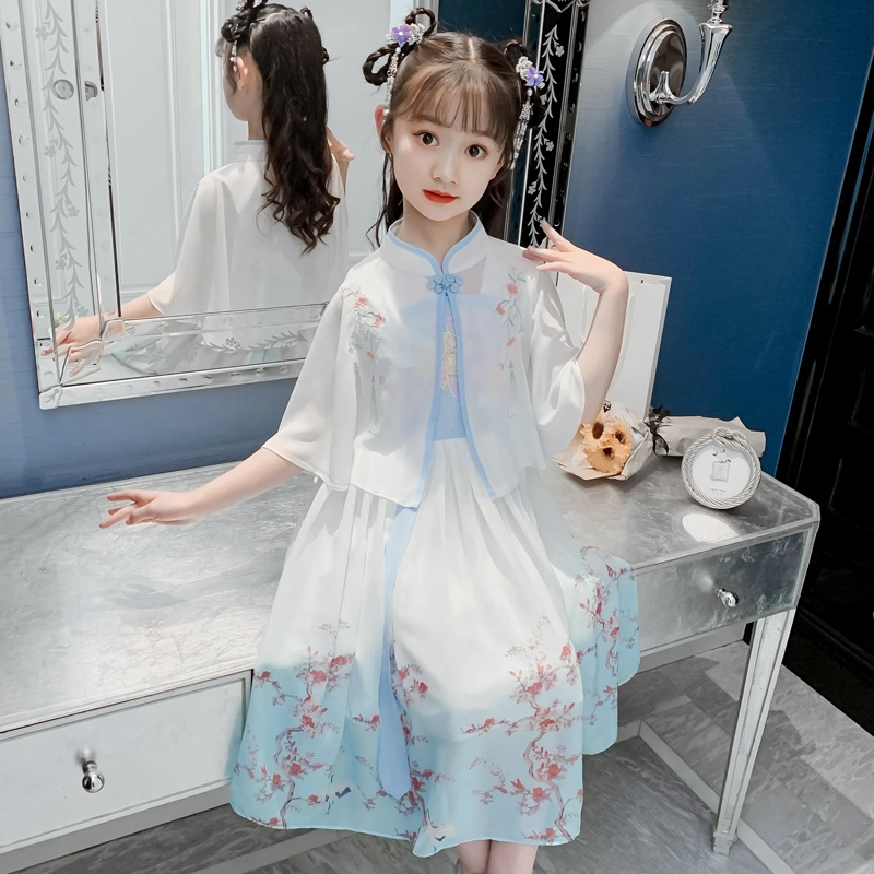 米囹汉服女童连衣裙夏装 儿童夏季古风超仙古装中国风披肩裙子